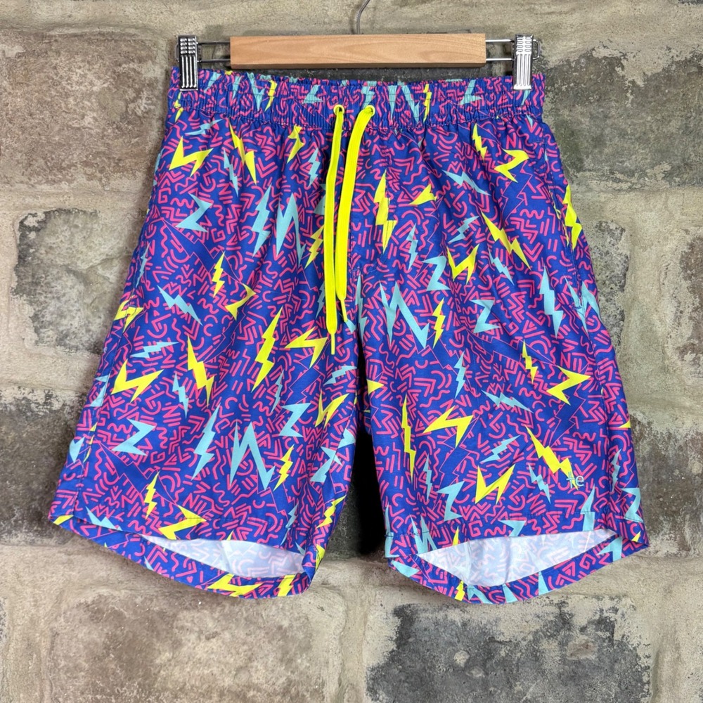 Tipsy Elves Men's Small Swim Trunks Retro 80s Neon‎ Lightning Bolt Blue Shorts